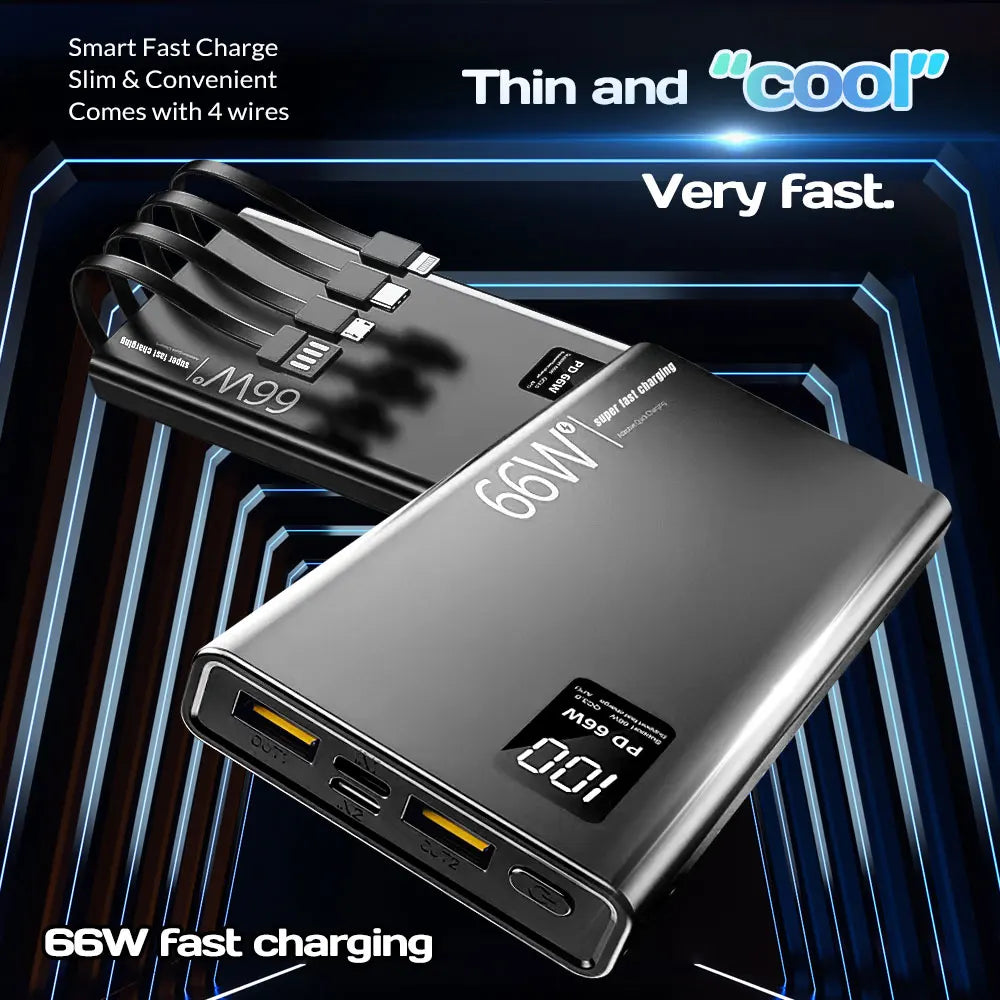 20000mAh Power Bank 66W Super Fast Charging For 20W Built-in 4 Cables Portable Digital Powerbank External Battery