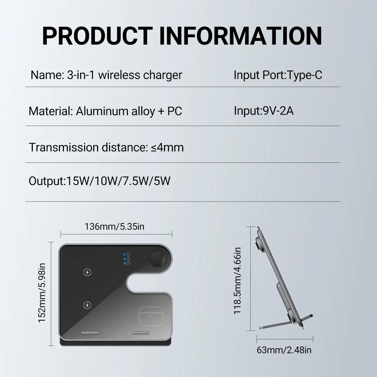Gopala 3 IN 1 Wireless Charger,Detachable Maghnetic Wireless Charging Suitable For Mobile Phones/Watches/Headphones