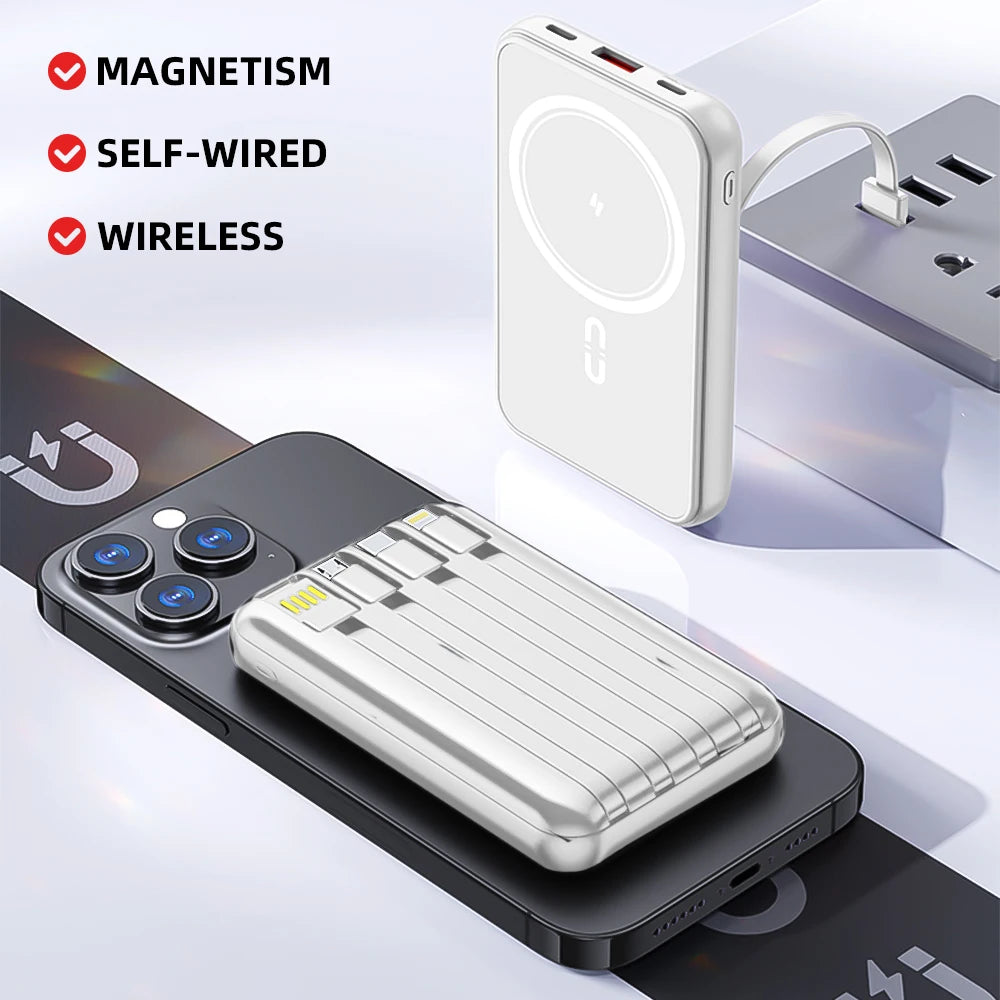 Portable Magnetic Power Bank Fast Charging 10000mAh with 4 Built-in Cables External Battery Power Bank Adapter For iPhone Huawei