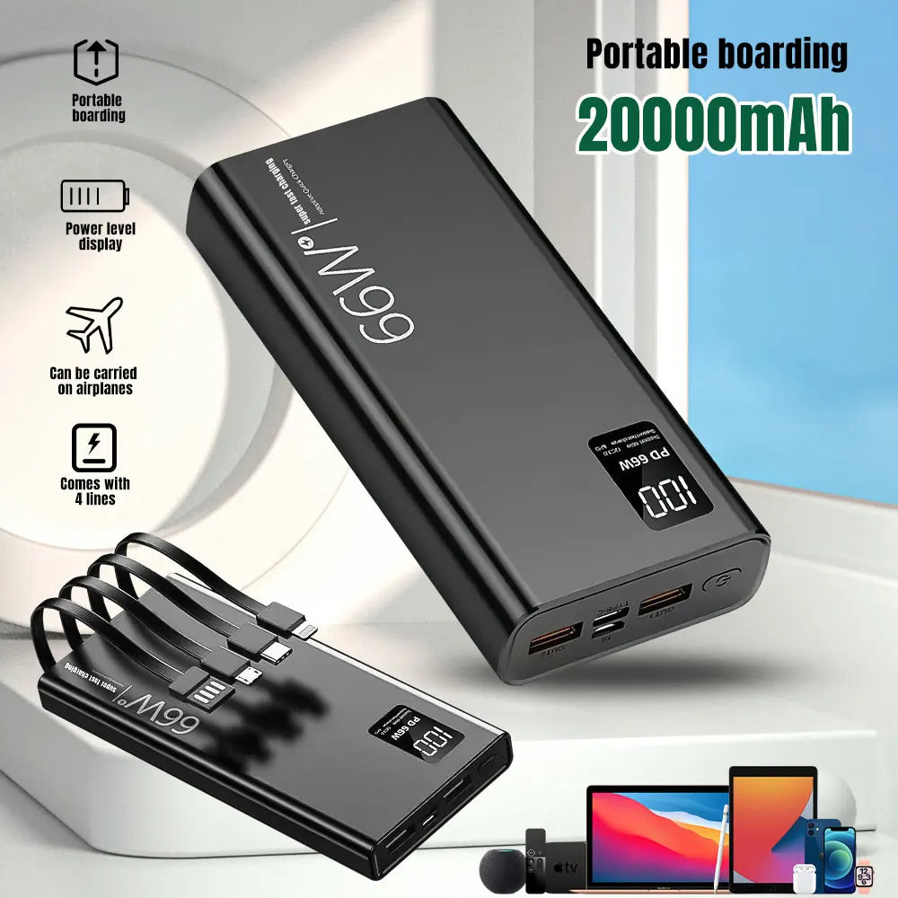 20000mAh Power Bank 66W Super Fast Charging For 20W  Built-in 4 Cables Portable Digital Powerbank External Battery