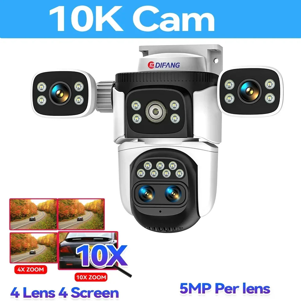 10K Home Security WiFi Camera Four Len Four Screen 360° 10X Zoom CCTV 20MP Wireless Surveillance IP Cam Security Protection