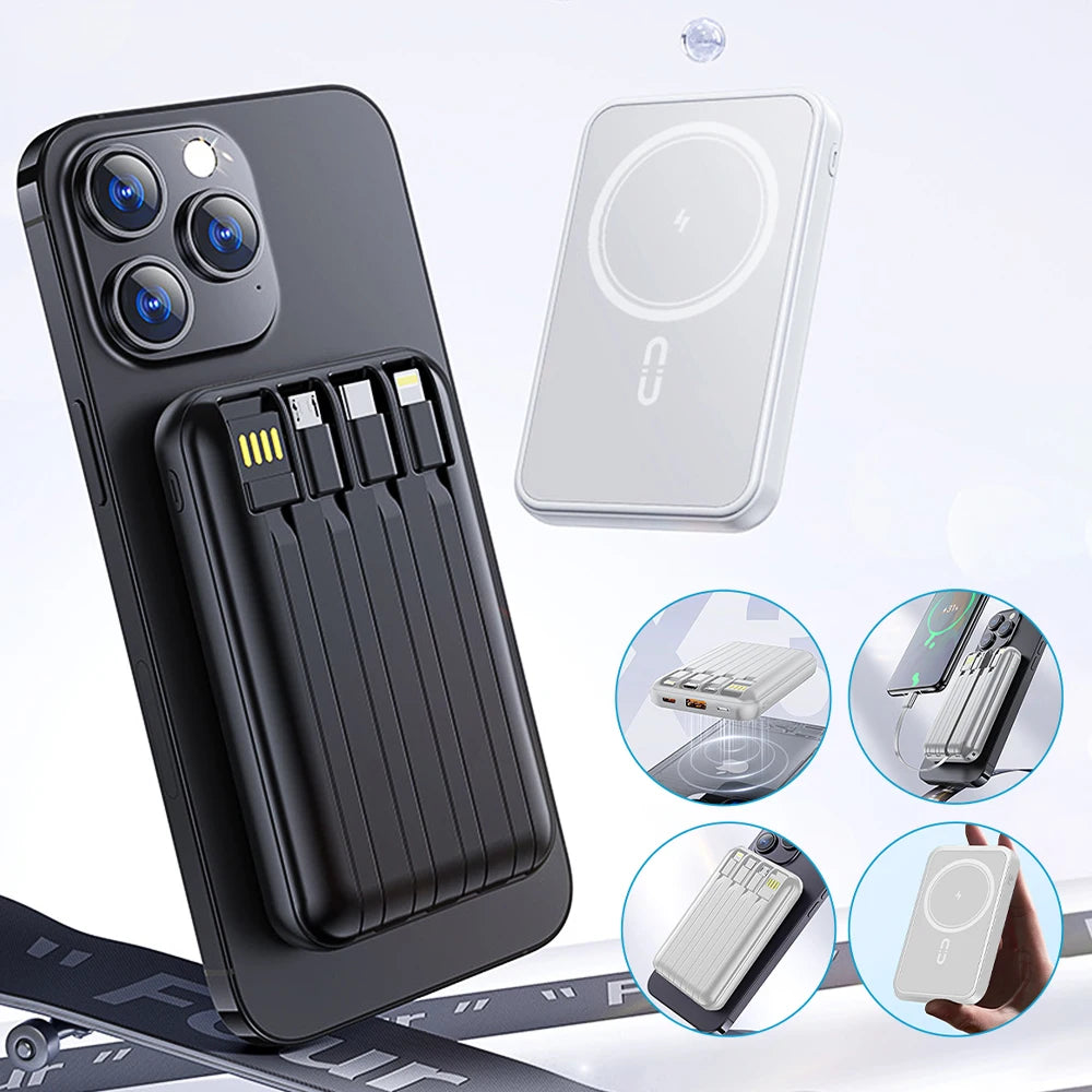 Portable Magnetic Power Bank Fast Charging 10000mAh with 4 Built-in Cables External Battery Power Bank Adapter For iPhone Huawei