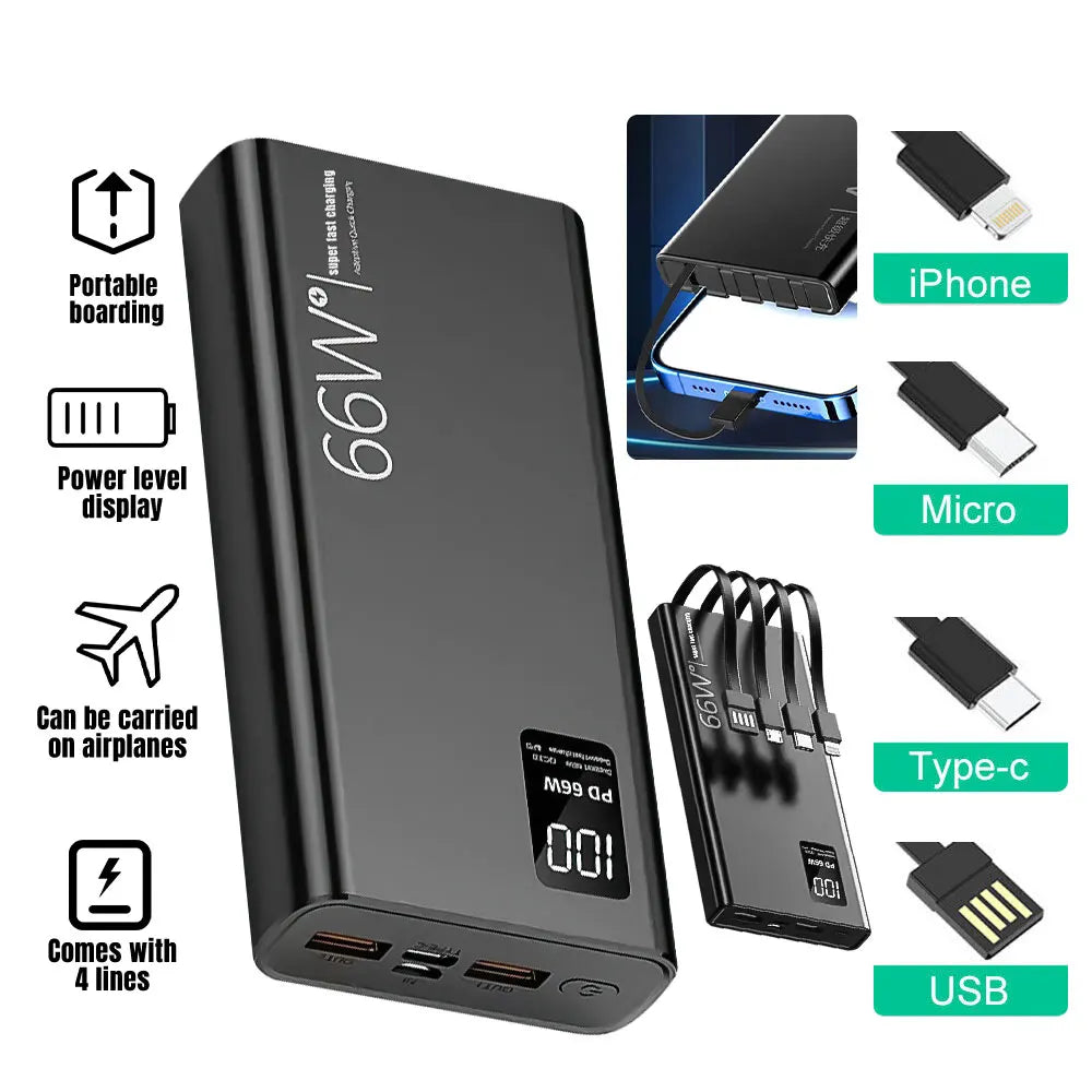 20000mAh Power Bank 66W Super Fast Charging For 20W  Built-in 4 Cables Portable Digital Powerbank External Battery