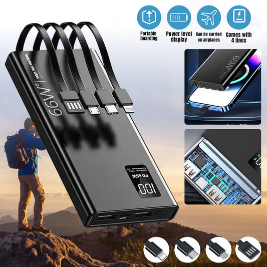 20000mAh Power Bank 66W Super Fast Charging For 20W  Built-in 4 Cables Portable Digital Powerbank External Battery