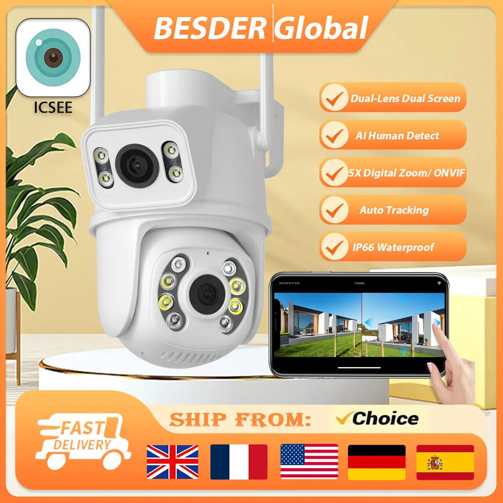 BESDER 8MP 4K PTZ Wifi Camera with Dual Lens Dual Screens AI Human Detection Wireless Outdoor CCTV Security IP Camera ICSEE App