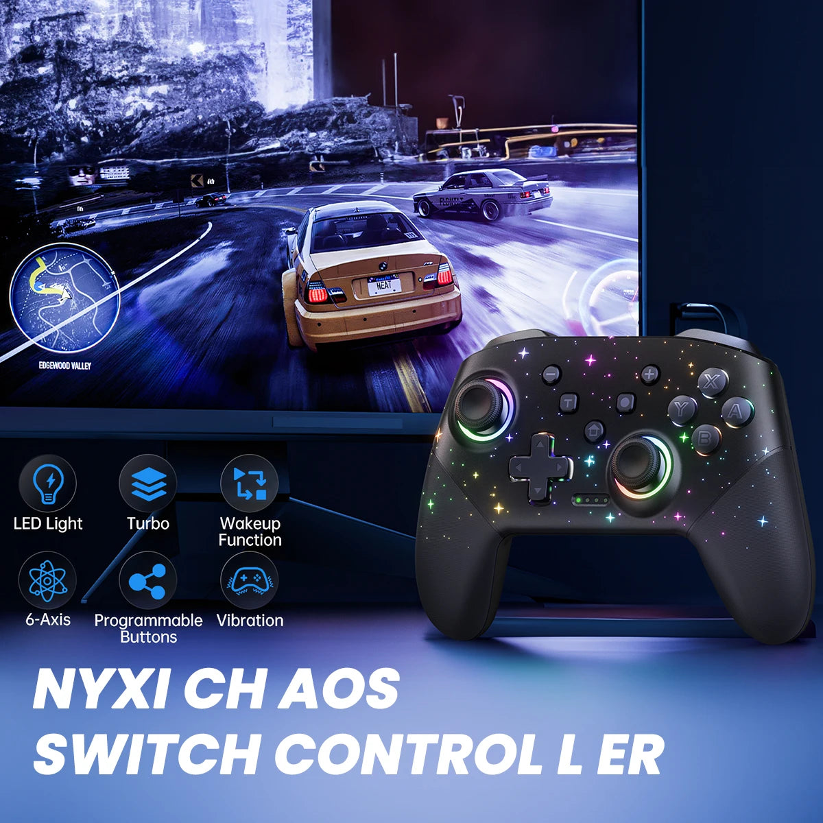 VOYEE Starry Sky Black Game Controller, 4 lighting modes, compatible with Switch Pro, Switch/Switch Lite/OLED/PC
