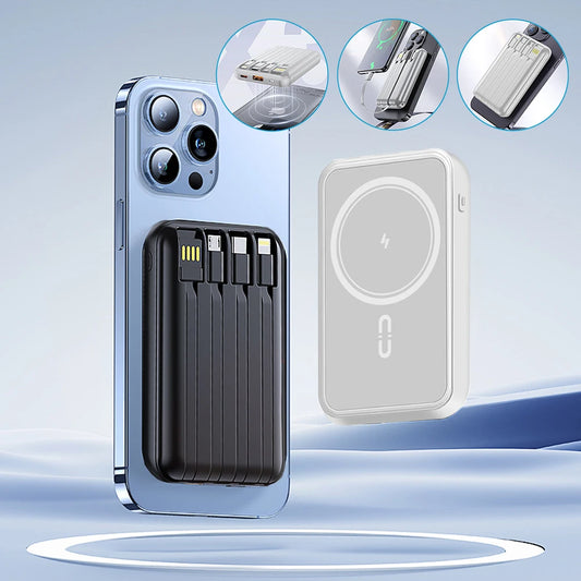 Portable Magnetic Power Bank Fast Charging 10000mAh with 4 Built-in Cables External Battery Power Bank Adapter For iPhone Huawei