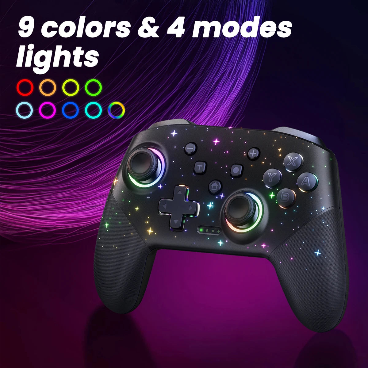 VOYEE Starry Sky Black Game Controller, 4 lighting modes, compatible with Switch Pro, Switch/Switch Lite/OLED/PC