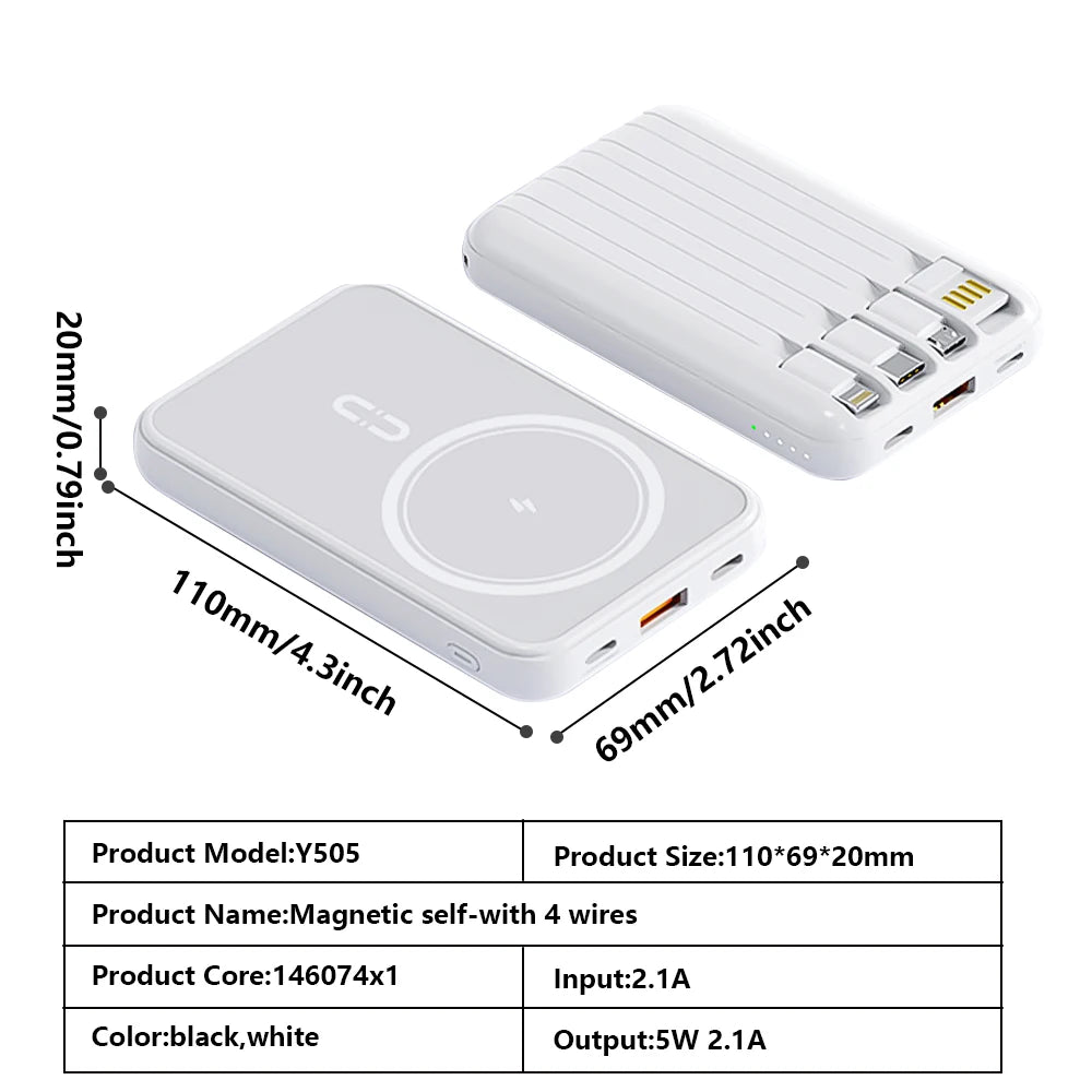 Portable Magnetic Power Bank Fast Charging 10000mAh with 4 Built-in Cables External Battery Power Bank Adapter For iPhone Huawei